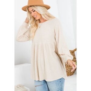 NWT P & Rose Beige Waffle Knit Round Neck Long Sleeve Babydoll Top Small